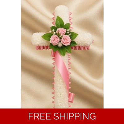 Candy Pink Rose Cross Tribute – Artificial Funeral Arrangement